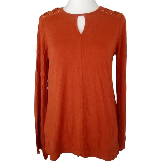 Chico's Lace Detail Shoulder Long Sleeve Burnt Orange Blouse Tunic Length Size 0 - Picture 2 of 7